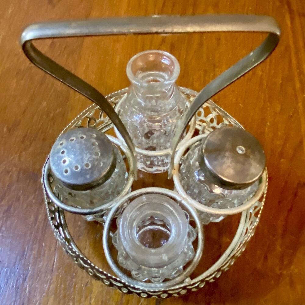 Vintage Raimond Glass Cruets and Salt /Pepper Shakers In Metal Holder - Picture 3 of 6